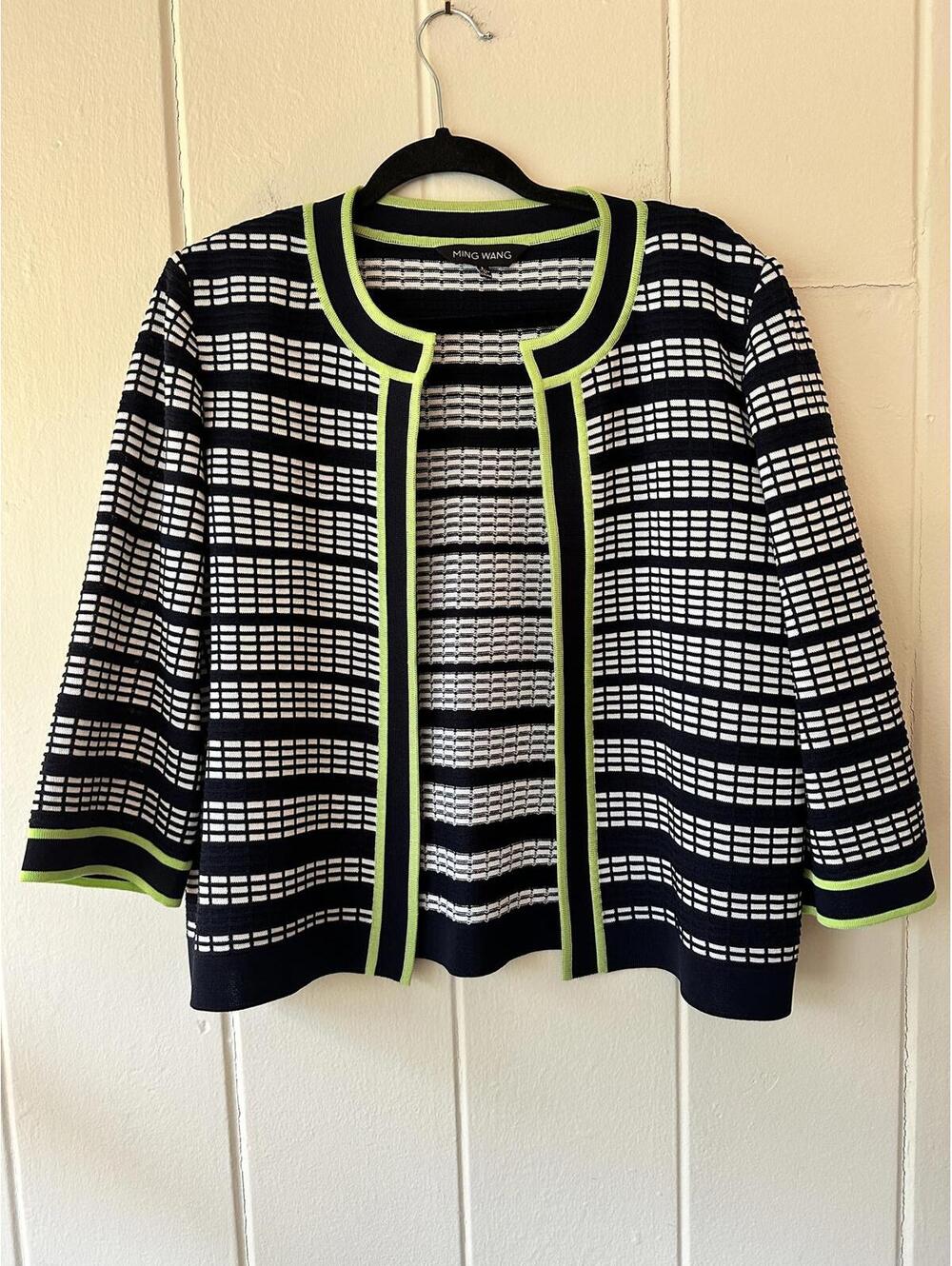 Ming Wang Black and White Striped Spring Cardigan Lime Green Detail Size Large